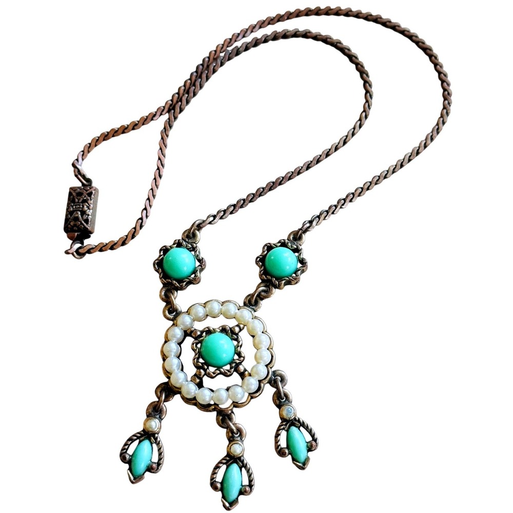 VTG Regency style Regal necklace glass Cabochon Statement Victorian Pearl Bronze